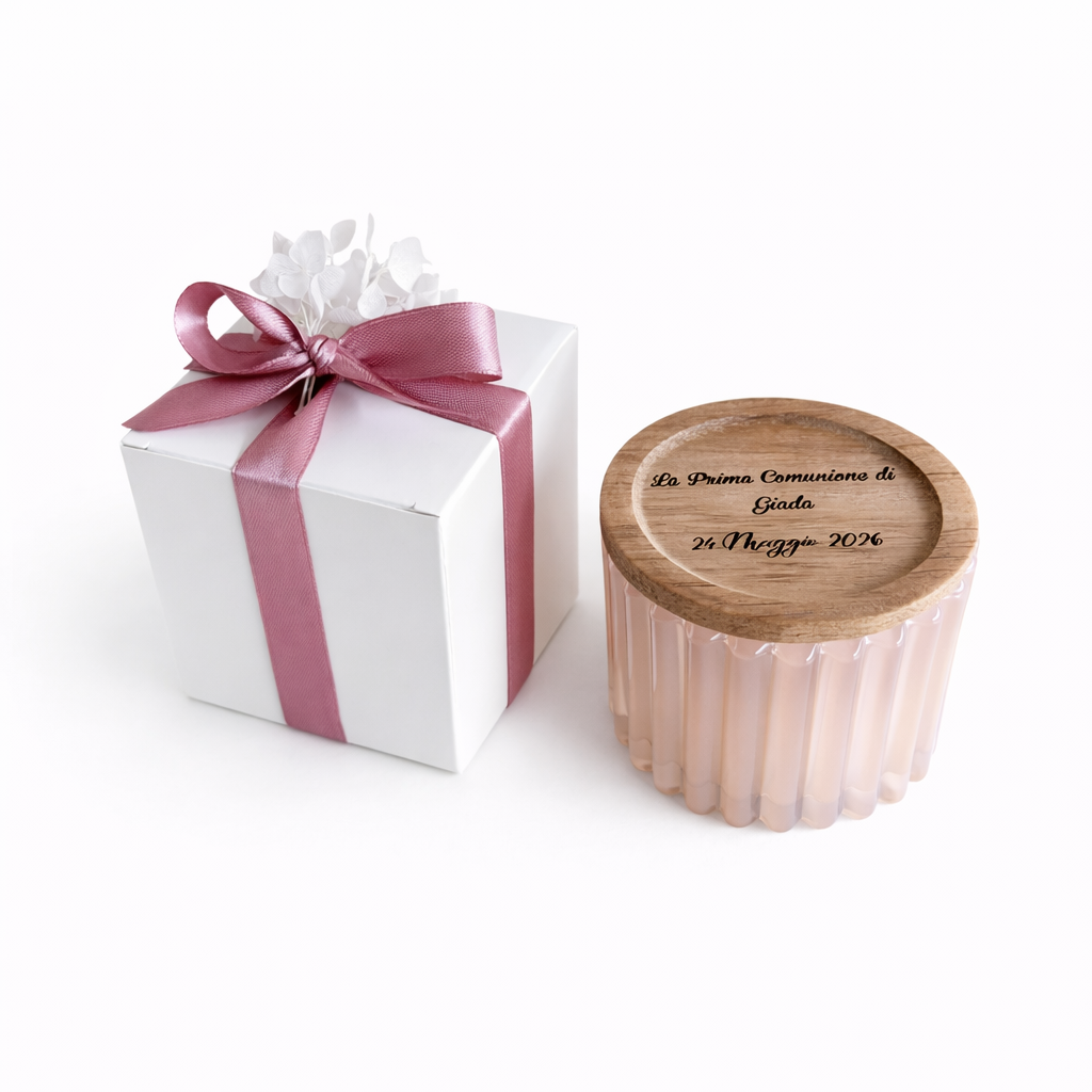 CANDELA CONTENITORE VETRO ROSA CON TAPPO INCISO