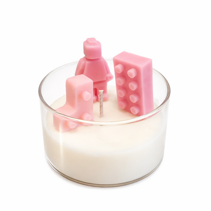 CANDELA CONTENITORE VETRO CON MATTONCINI ROSA
