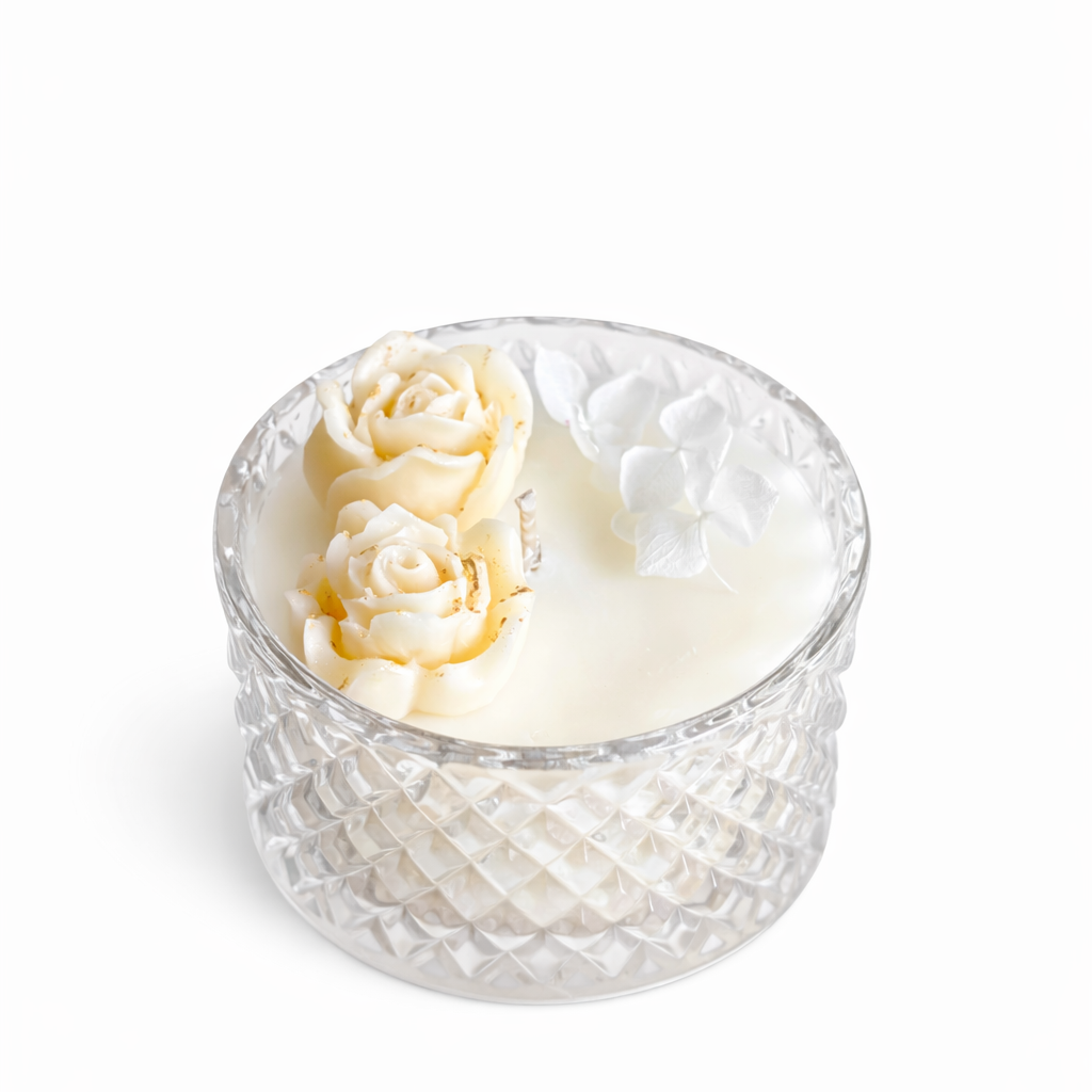 CANDELA CONTENITORE VETRO CON ROSELLINE