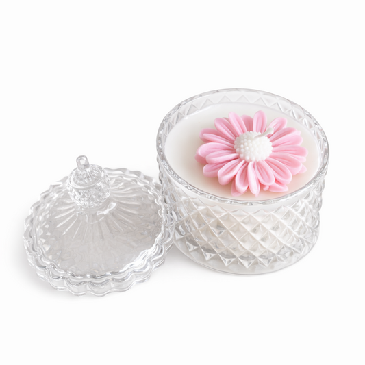 CANDELA CONTENITORE VETRO CON MARGHERITA 10CM X8 CM