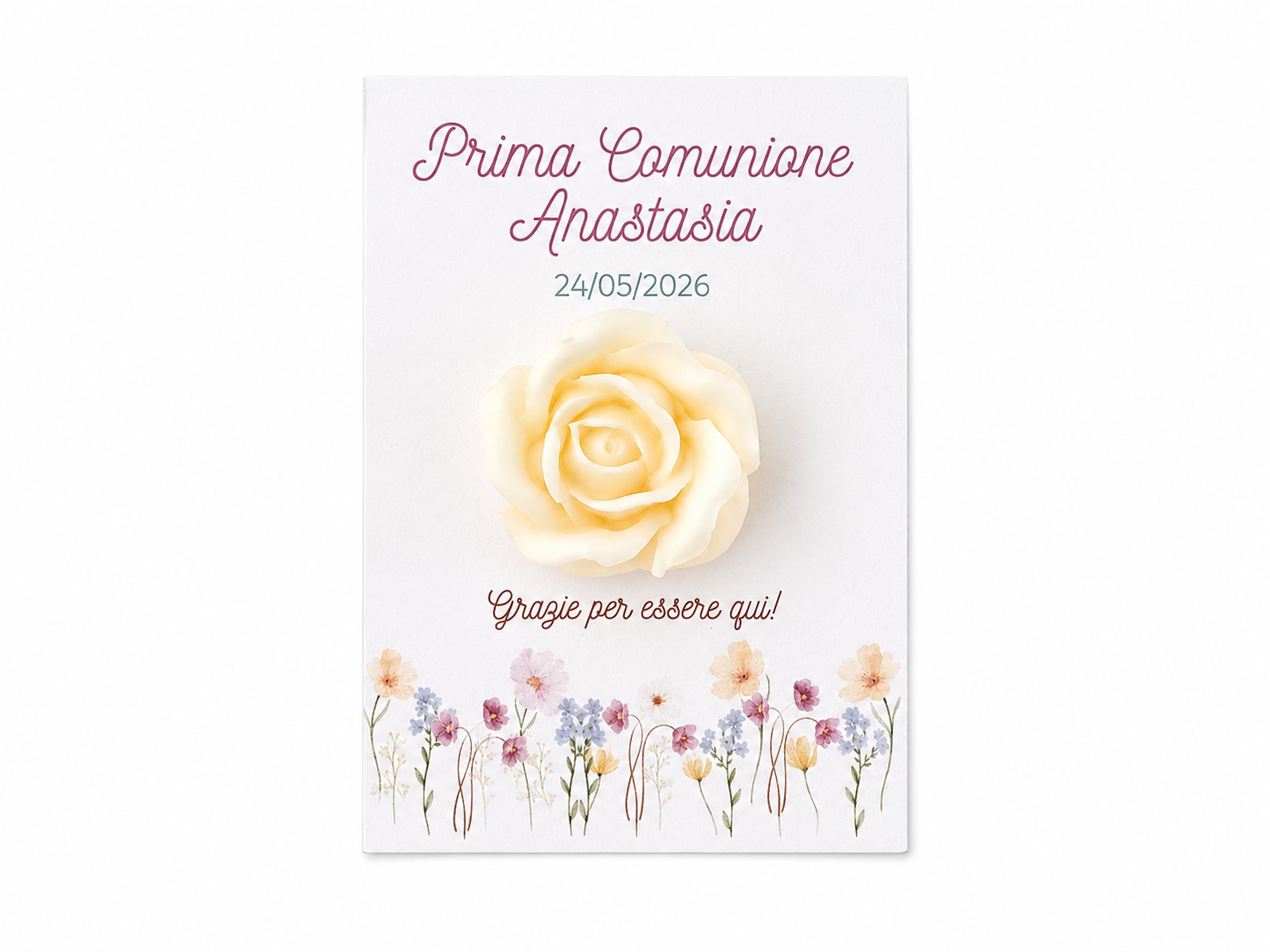 CANDELA SEGNAPOSTO CON CARTONCINO CON ROSA