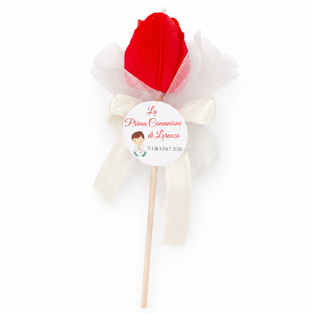 CANDELA SEGNAPOSTO TULIPANO CON CONFETTI E TAG PERSONALIZZATO