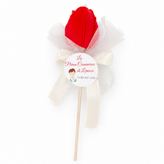 CANDELA SEGNAPOSTO TULIPANO CON CONFETTI E TAG PERSONALIZZATO