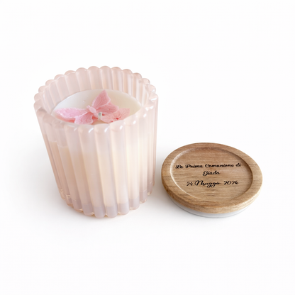 CANDELA CONTENITORE VETRO ROSA CON TAPPO INCISO