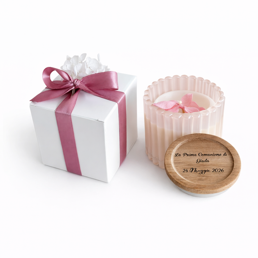 CANDELA CONTENITORE VETRO ROSA CON TAPPO INCISO