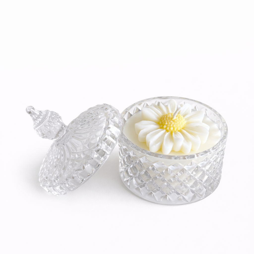 CANDELA CONTENITORE VETRO CON MARGHERITA 10CM X8 CM