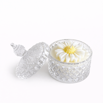 CANDELA CONTENITORE VETRO CON MARGHERITA 10CM X8 CM