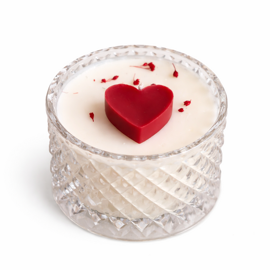 CANDELA CONTENITORE VETRO CON CUORE ROSSO