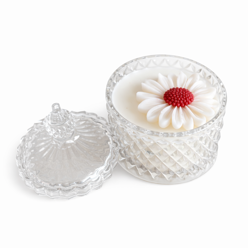 CANDELA CONTENITORE VETRO CON MARGHERITA 10CM X8 CM