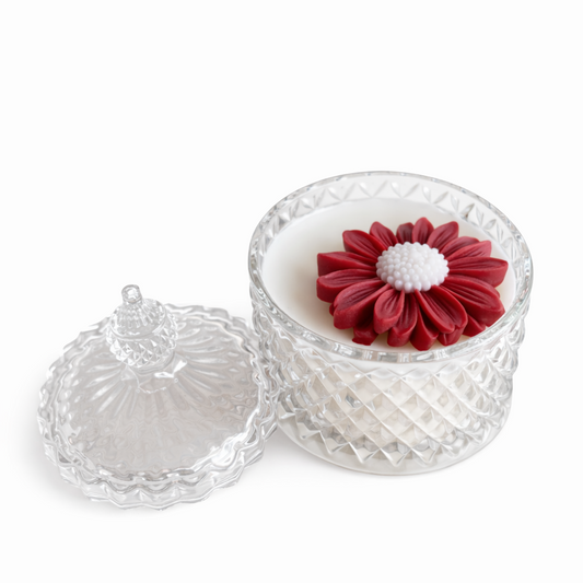 CANDELA CONTENITORE VETRO CON MARGHERITA 10CM X8 CM