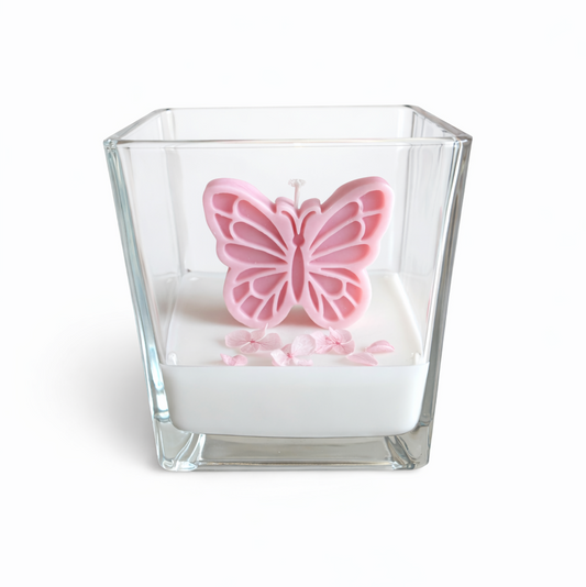 CANDELA CONTENITORE CUBO VETRO CON FARFALLA 10CM X 10 CM