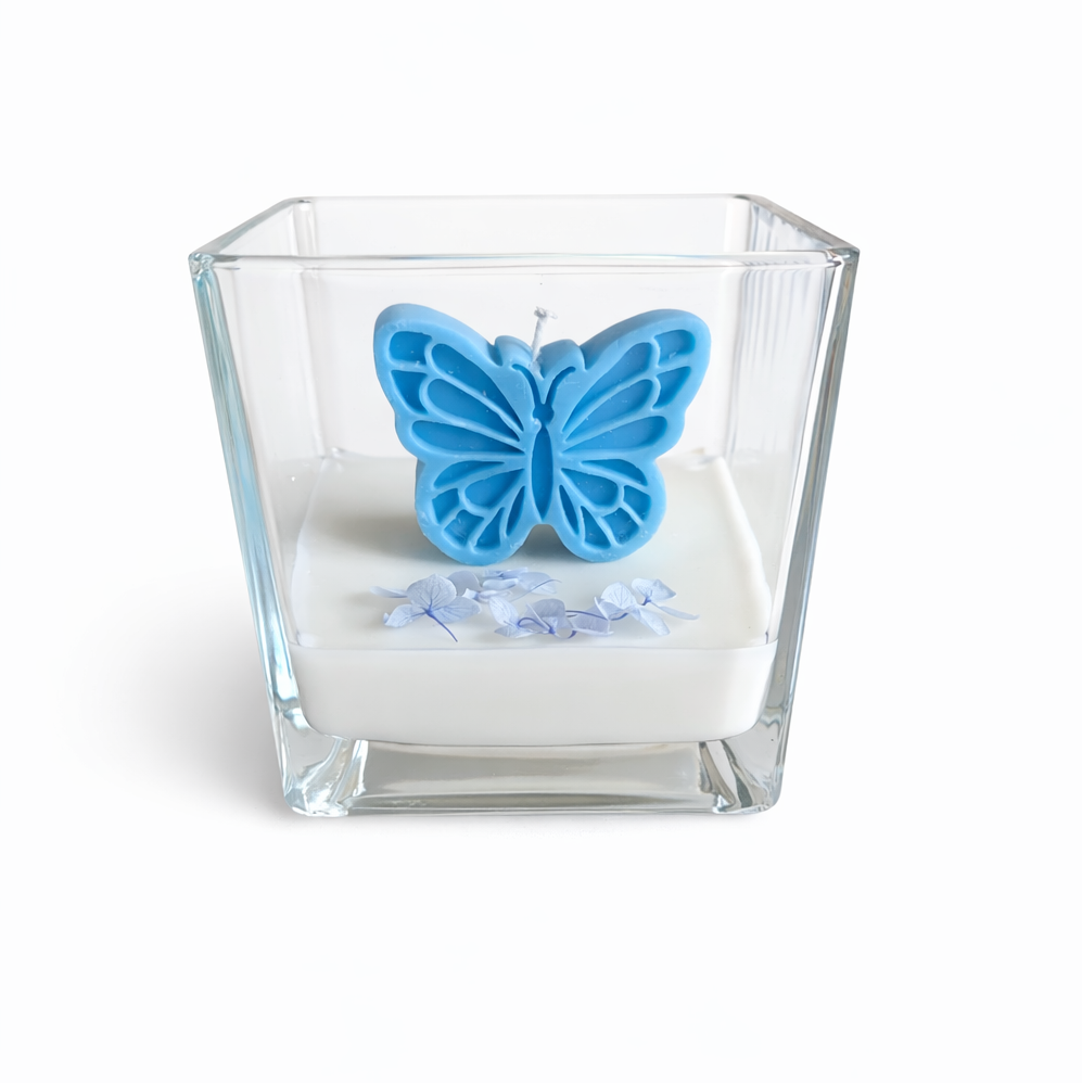 CANDELA CONTENITORE CUBO VETRO CON FARFALLA 10CM X 10 CM