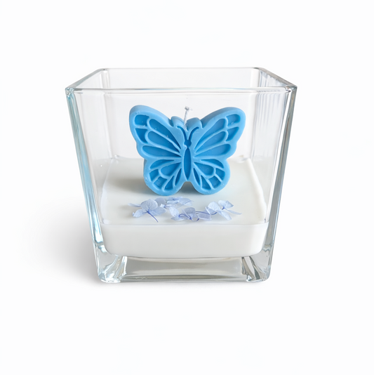 CANDELA CONTENITORE CUBO VETRO CON FARFALLA 10CM X 10 CM