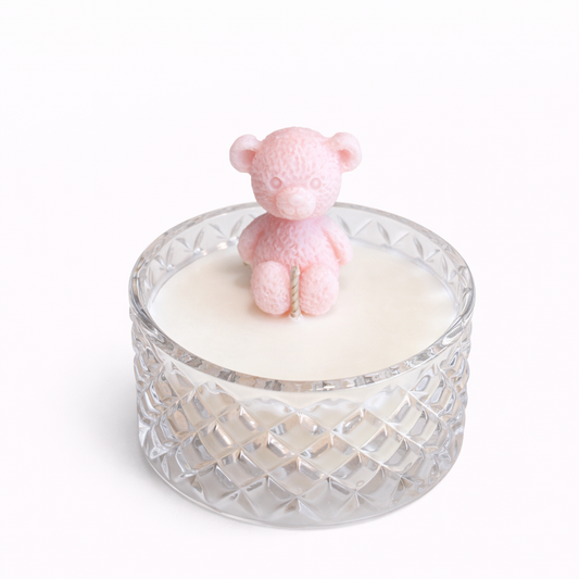 CANDELA CONTENITORE VETRO CON ORSETTO ROSA O CELESTE