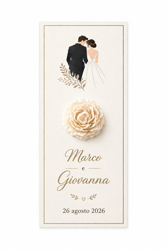 CANDELA SEGNAPOSTO CON CARTONCINO CON PEONIA TEMA MATRIMONIO