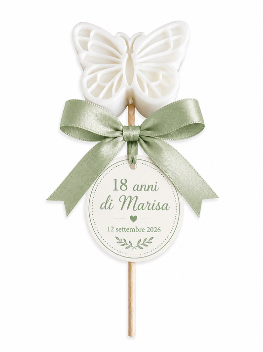 CANDELA FARFALLA SEGNAPOSTO CON TAG PERSONALIZZATO